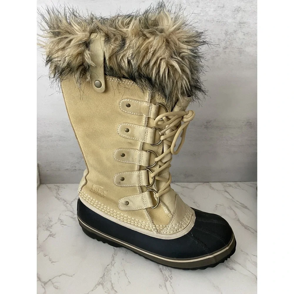 Sorel Women's Joan of Arctic Boots Sz 8 Beige Suede Faux Fur Tall Winter Snow